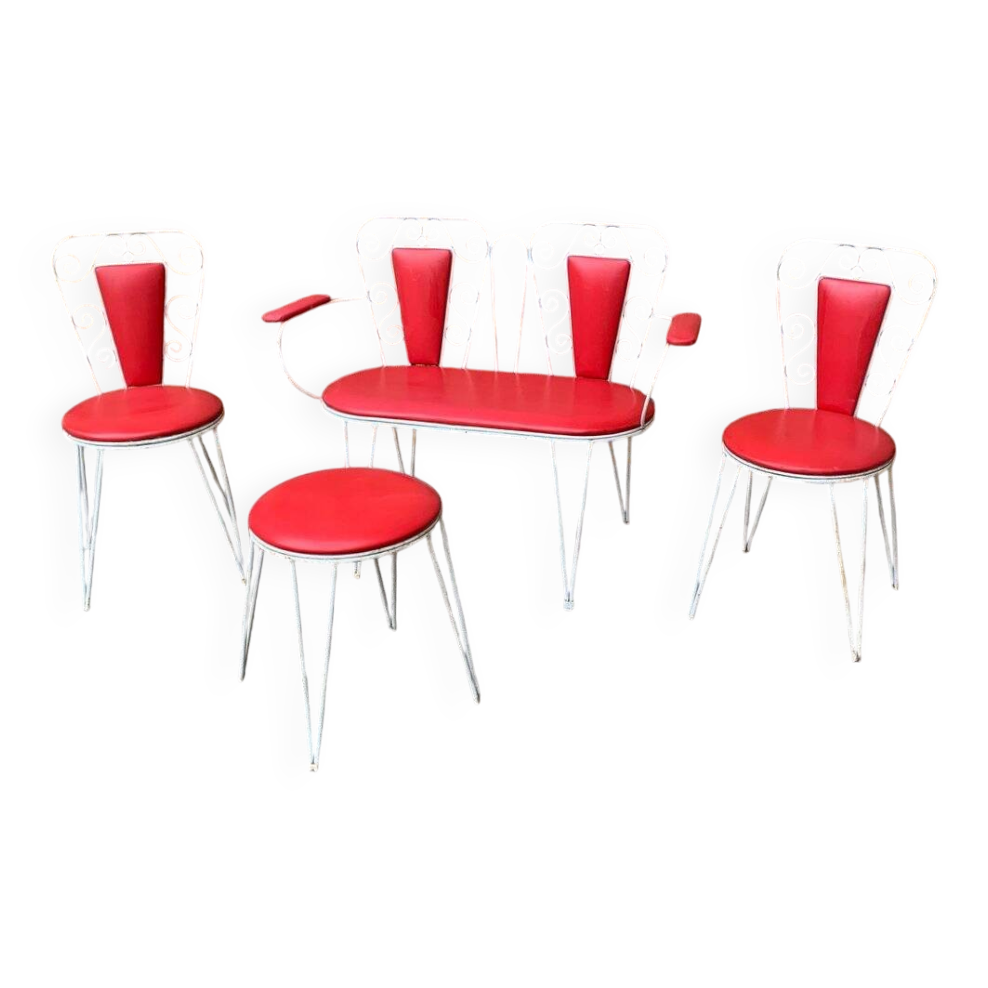 Vintage garden set 1968 white metal and red faux leather, set of 4 (2 chairs, bench, table)