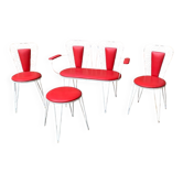 Ensemble de jardin vintage 1968 métal blanc et skaï rouge, set de 4 (2 chaises, banc, table)