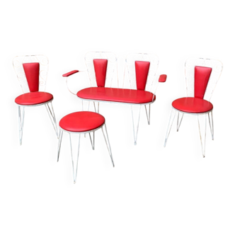 Vintage garden set 1968 white metal and red faux leather, set of 4 (2 chairs, bench, table)