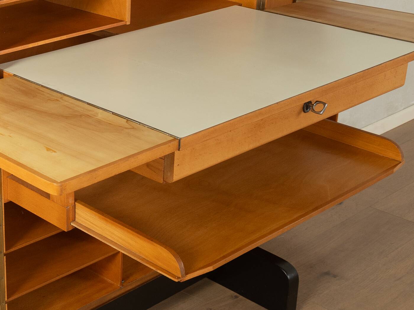 Classic home office from the 1950s, walnut veneer, illuminated interior