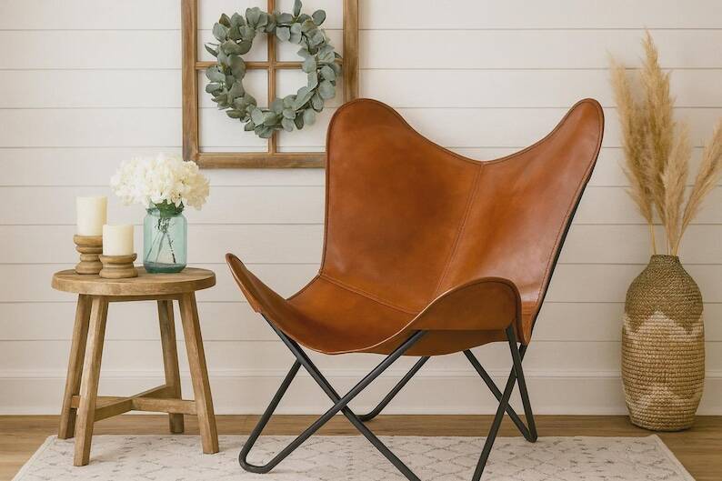 Handmade leather butterfly chair, modern lounge seating.