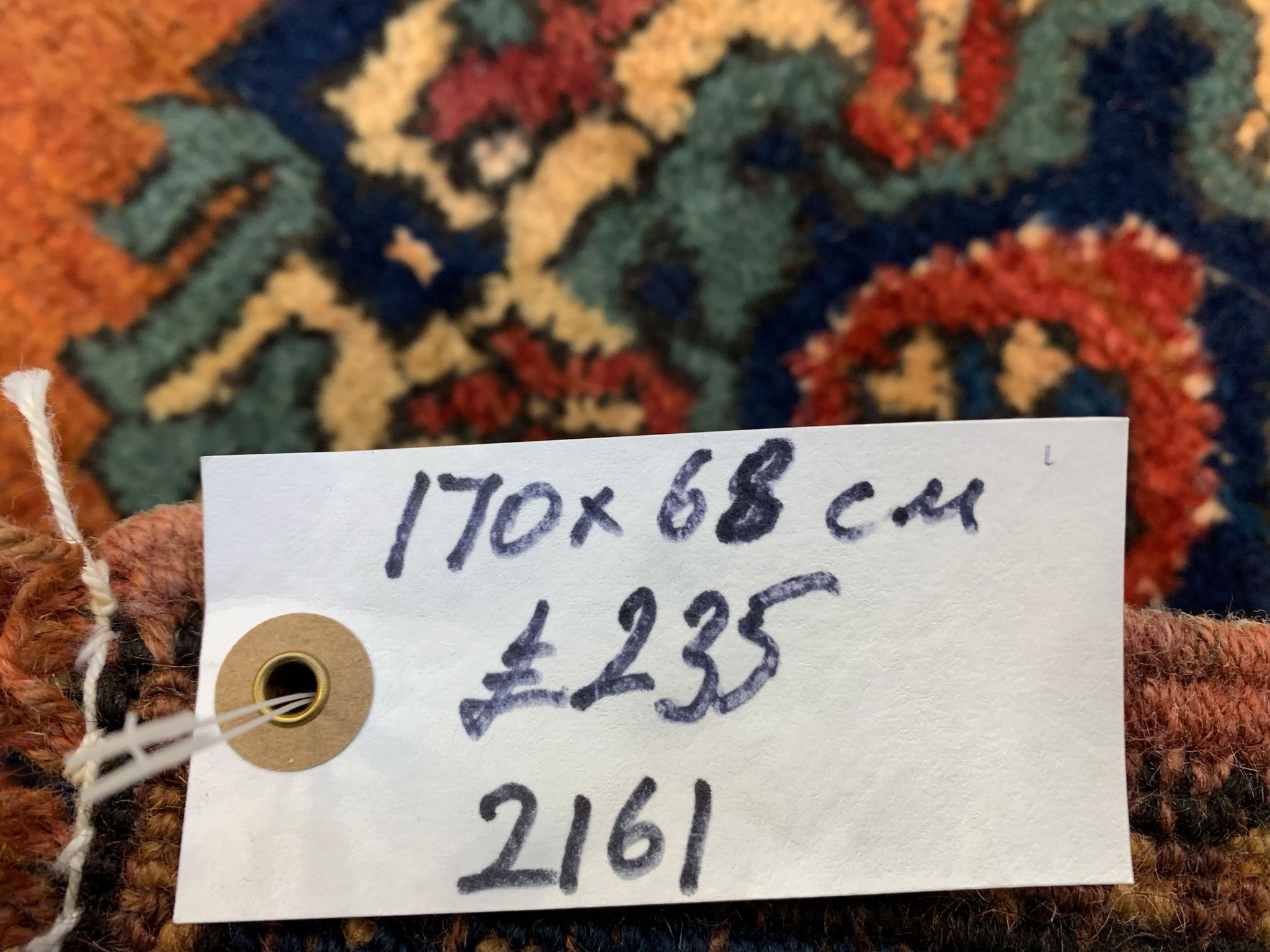 Vintage turkish runner 170x68 cm kazak rug, terracotta red, green, beige blue