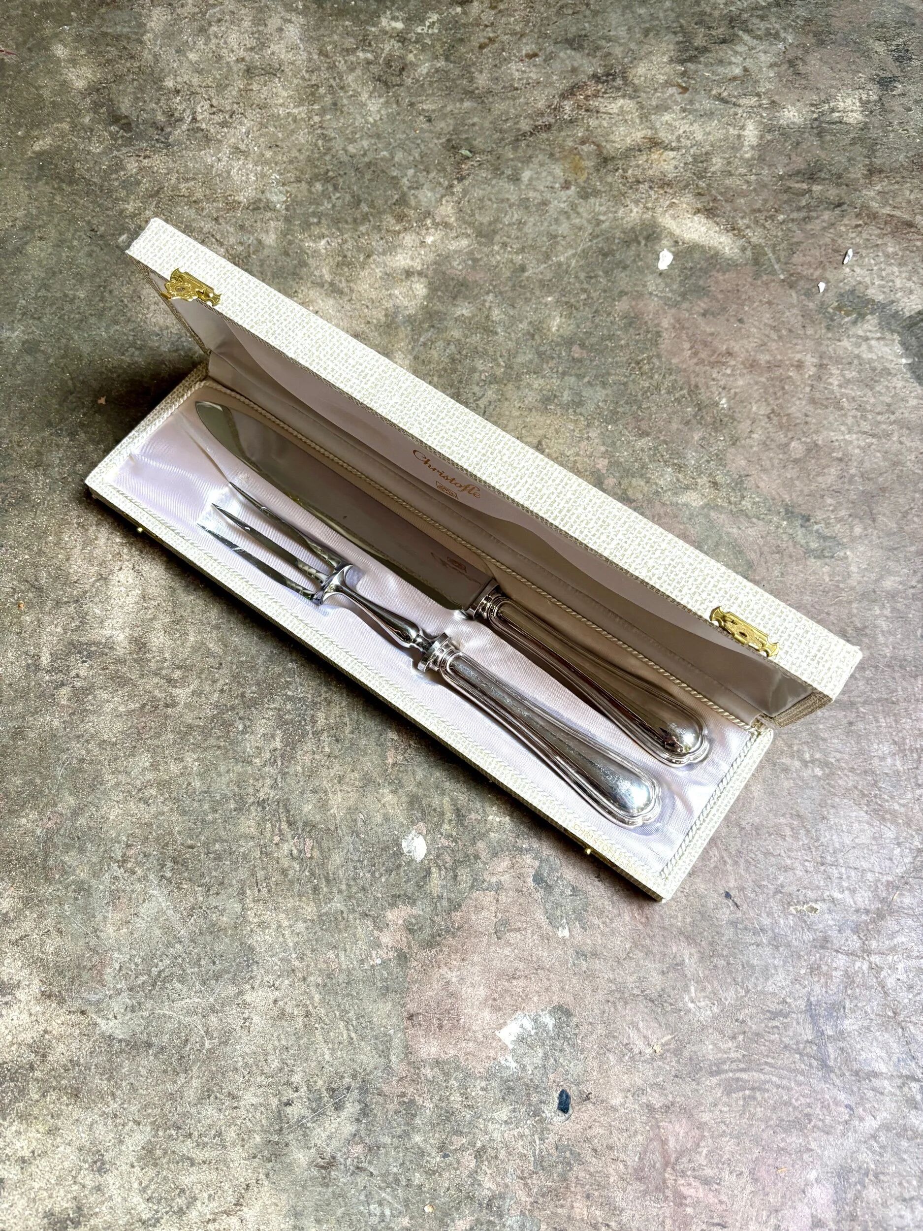 2 service cutlery sets, Christofle silver-plated meat, "Spatours" pattern.