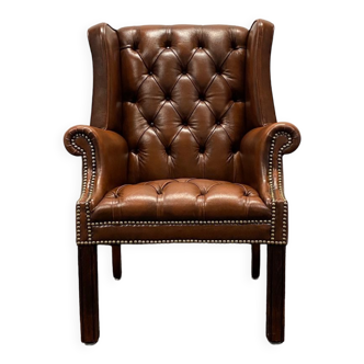 Fauteuil chesterfield vintage en cuir marron