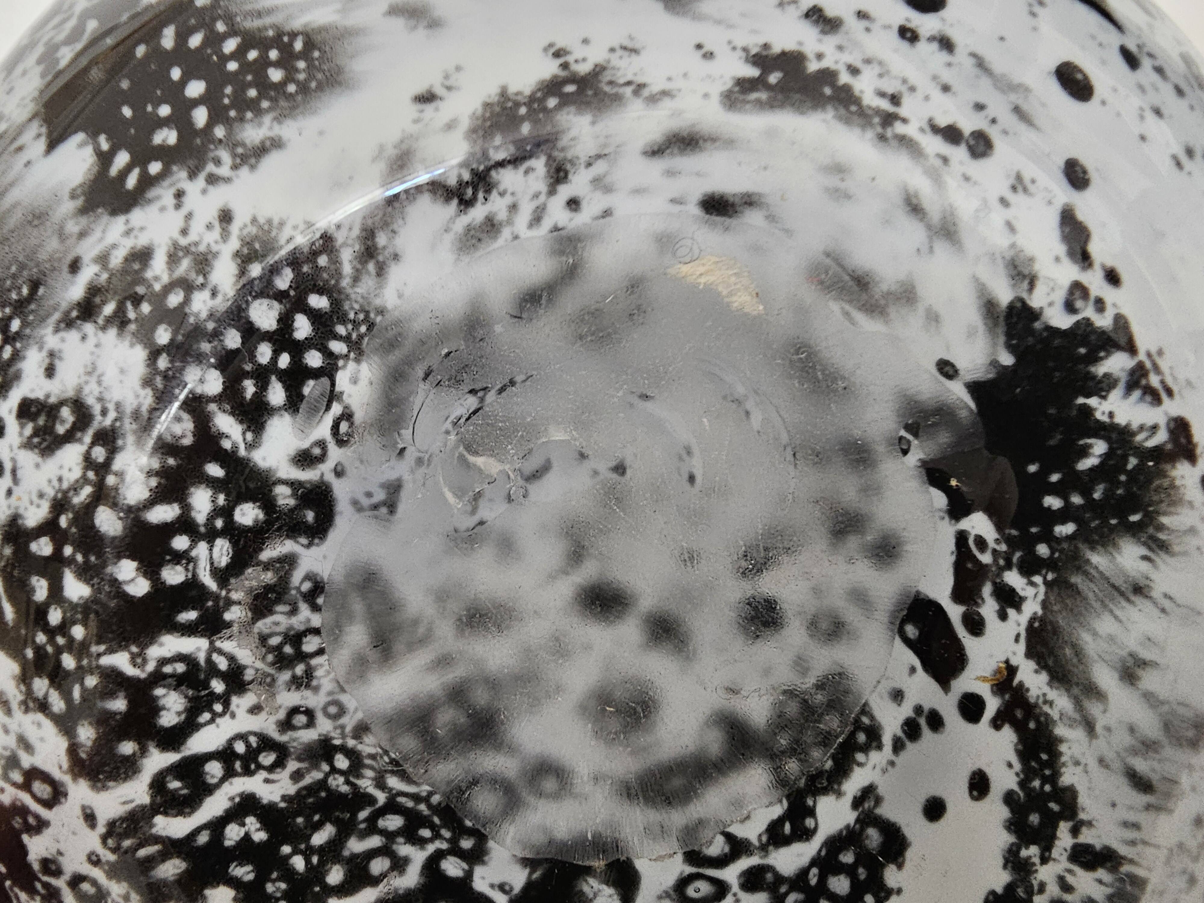 Blown glass vase with black snake decoration with white speckles