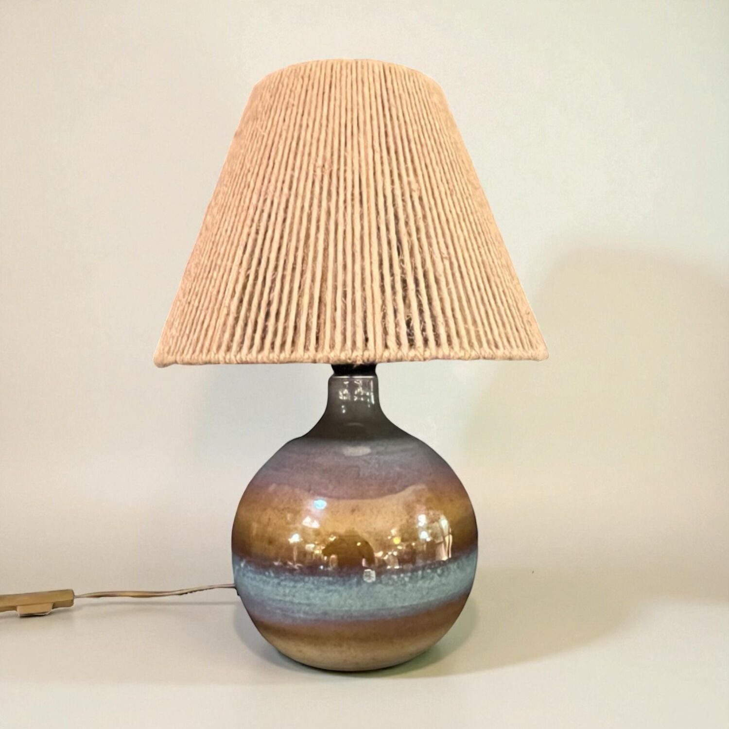 Vintage stoneware ceramic lamp signed JM, 1970s/80s, bohemian raffia rope lampshade