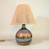 Vintage stoneware ceramic lamp signed JM, 1970s/80s, bohemian raffia rope lampshade