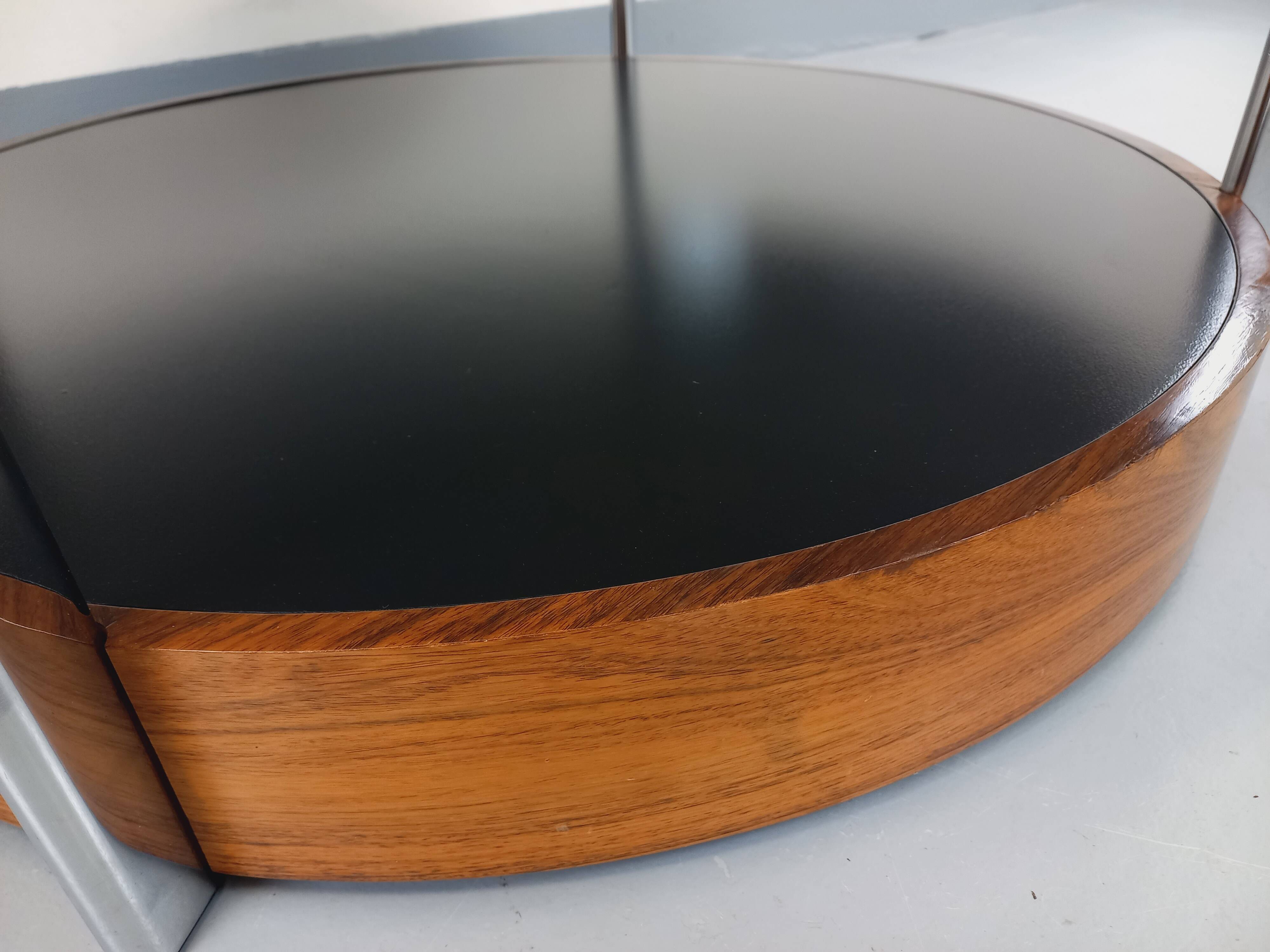 Vintage Italian round coffee table in rosewood, chrome metal, glass.