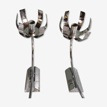 Vintage from the 70s pair of chrome sconces in the shape of a flower