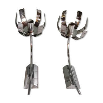 Vintage from the 70s pair of chrome sconces in the shape of a flower