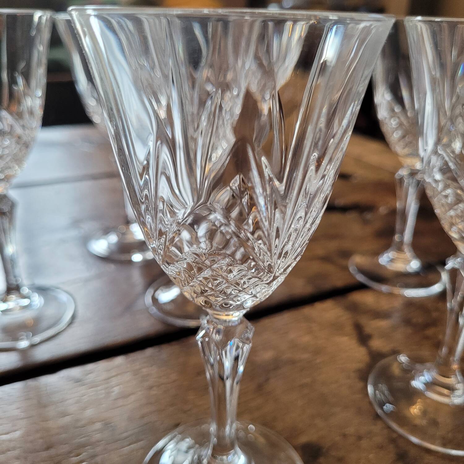 Set of 8 cut crystal glasses, hexagonal stem – 1950s