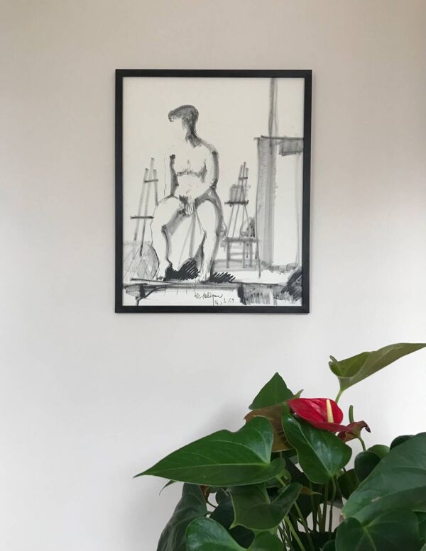 Fusain de Loïc DUBIGEON 1934-2001 Nu à l’atelier