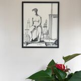 Charcoal drawing by Loïc DUBIGEON 1934-2001. Nude in the studio