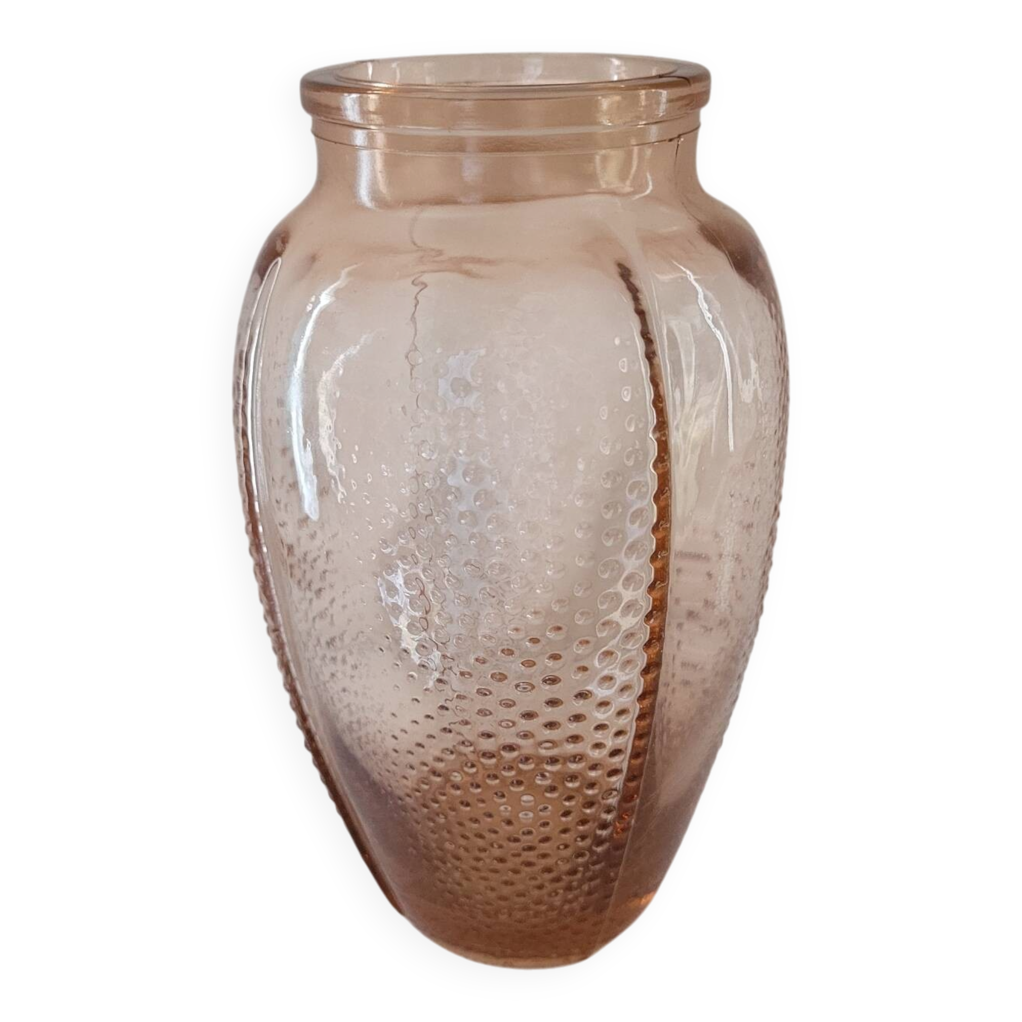 "opalescent hobnail peach-pink vase"