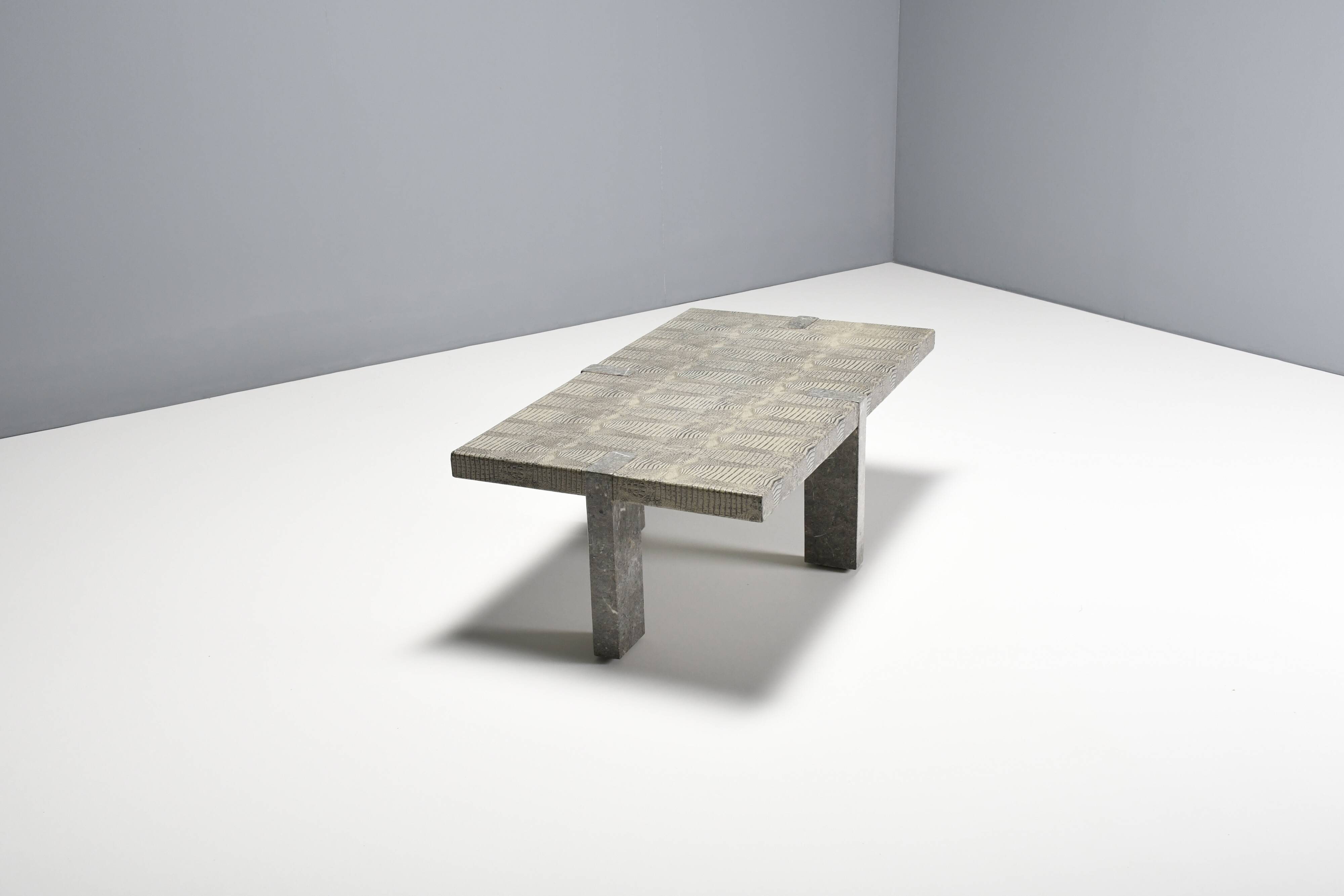 1970s Faux Crocodile Skin and Marble Coffee Table