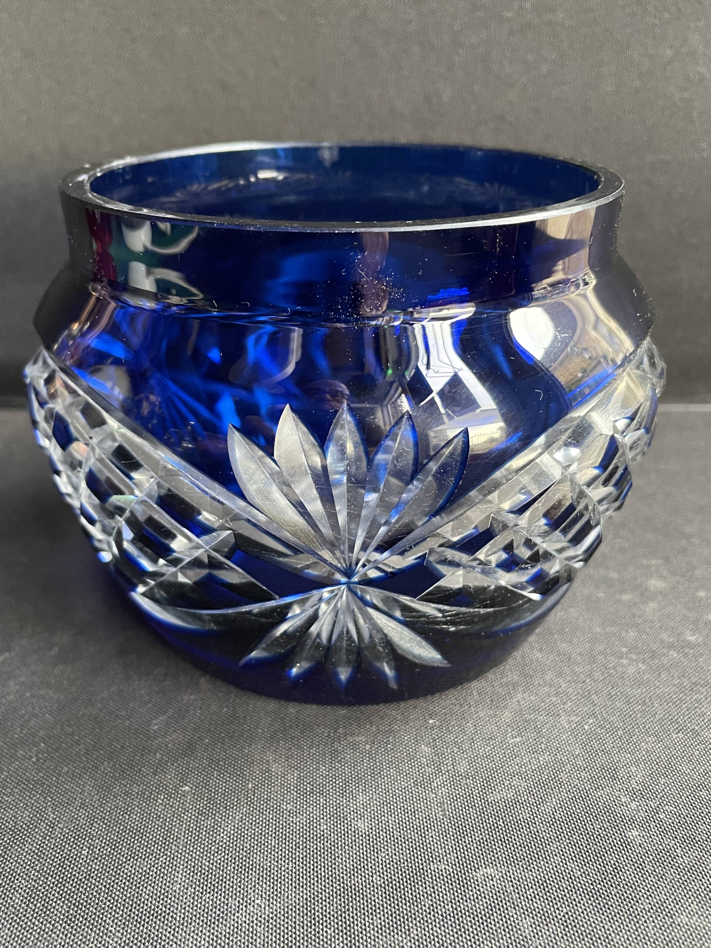 Cobalt blue overlay cut crystal vase