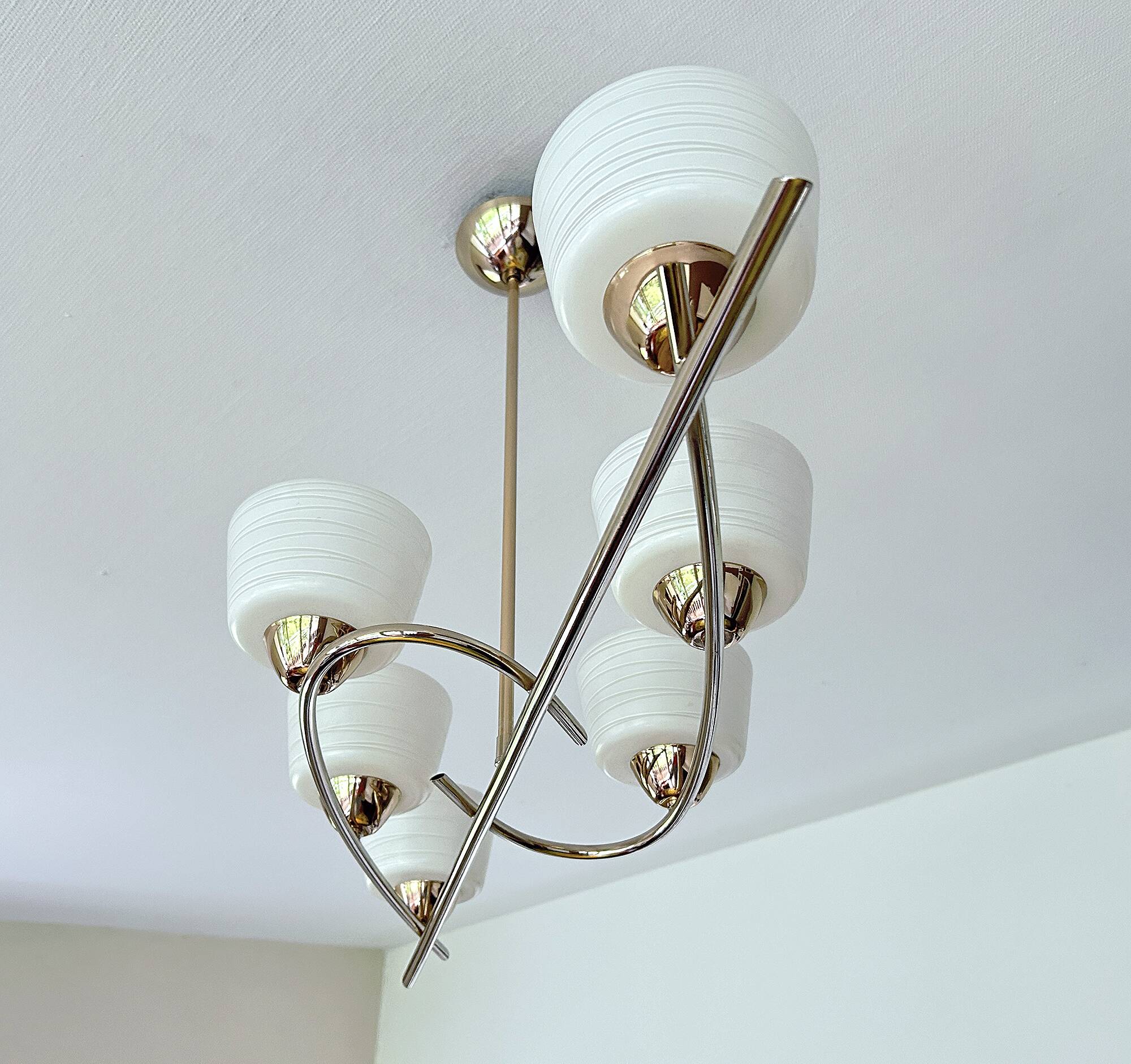 Large Vintage Glass Brass Pendant Light