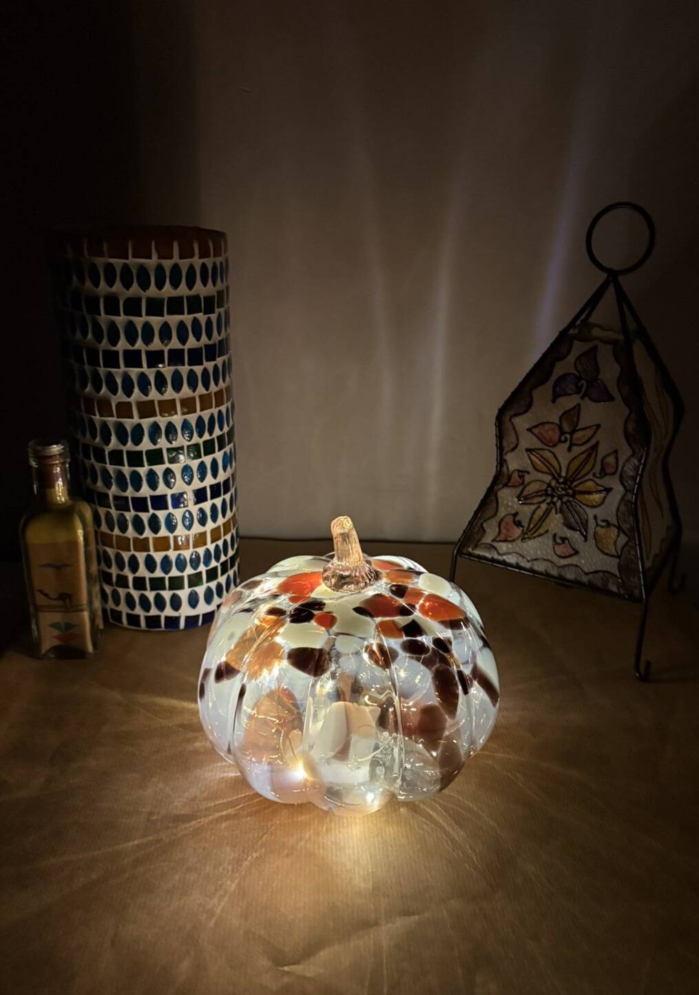White, orange & brown glass pumpkin lamp – vintage