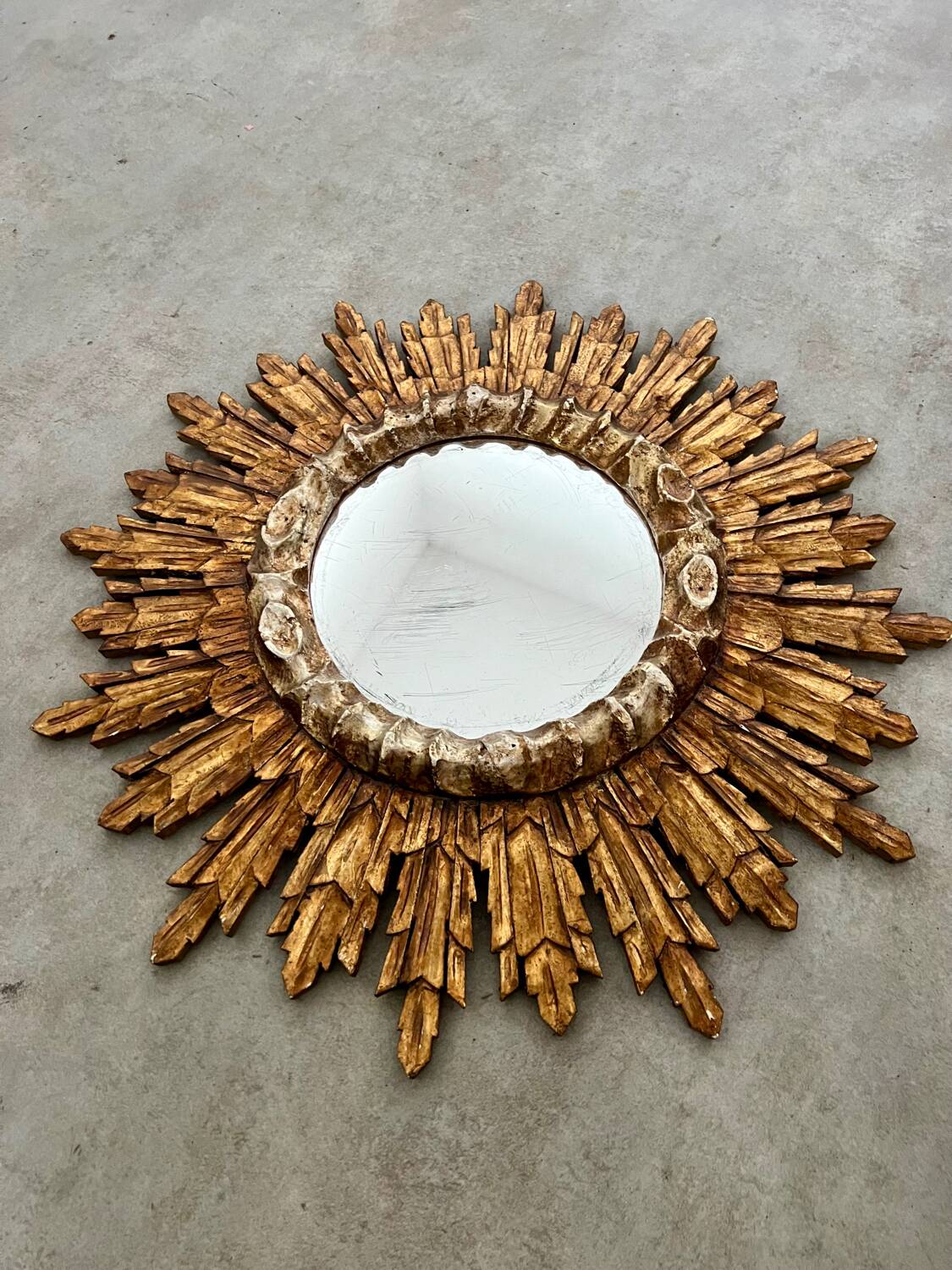 Old golden wooden sun mirror large size vintage 50s design