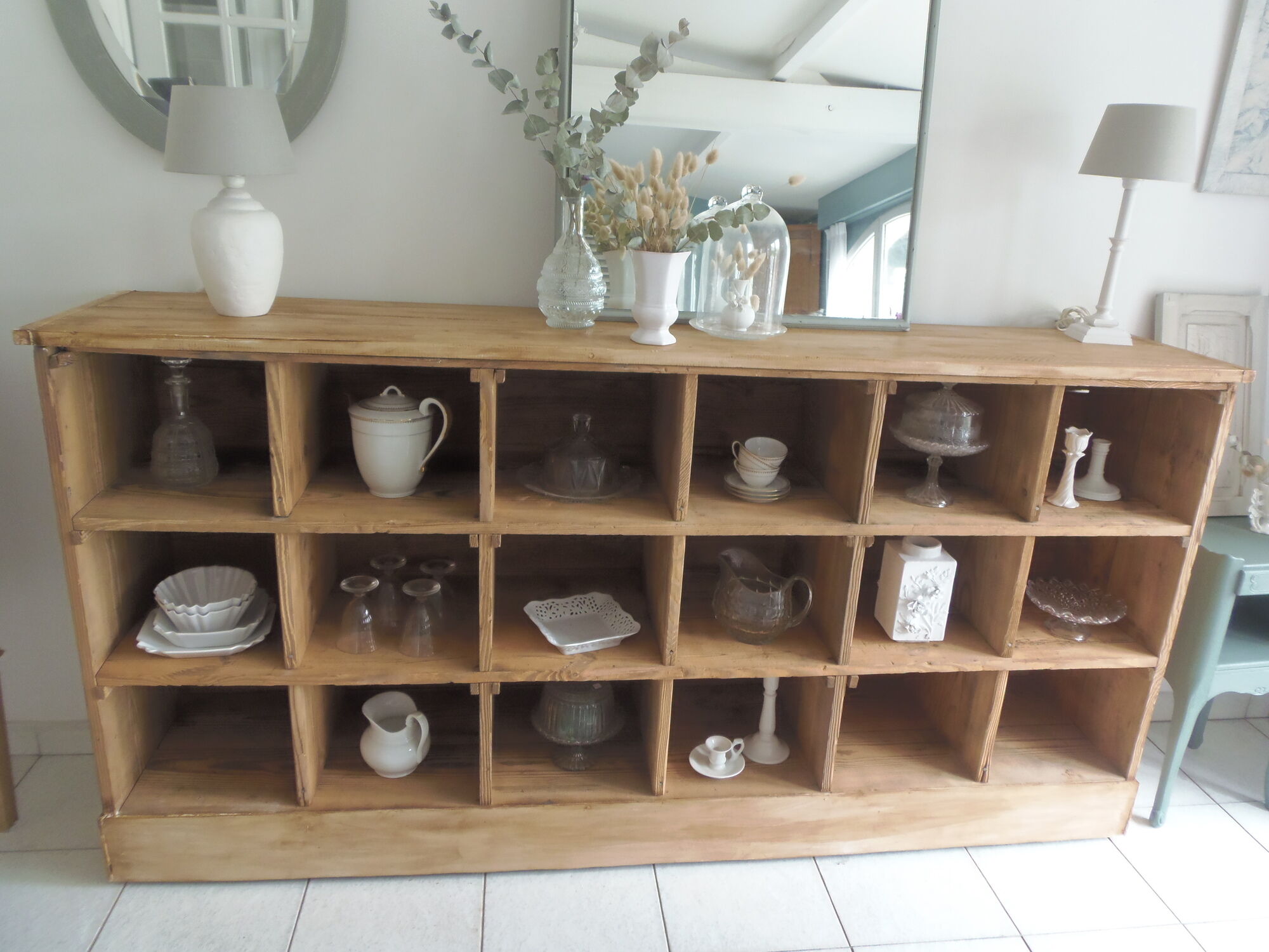 Vintage craft furniture on pitchpin wheels, 18 lockers.