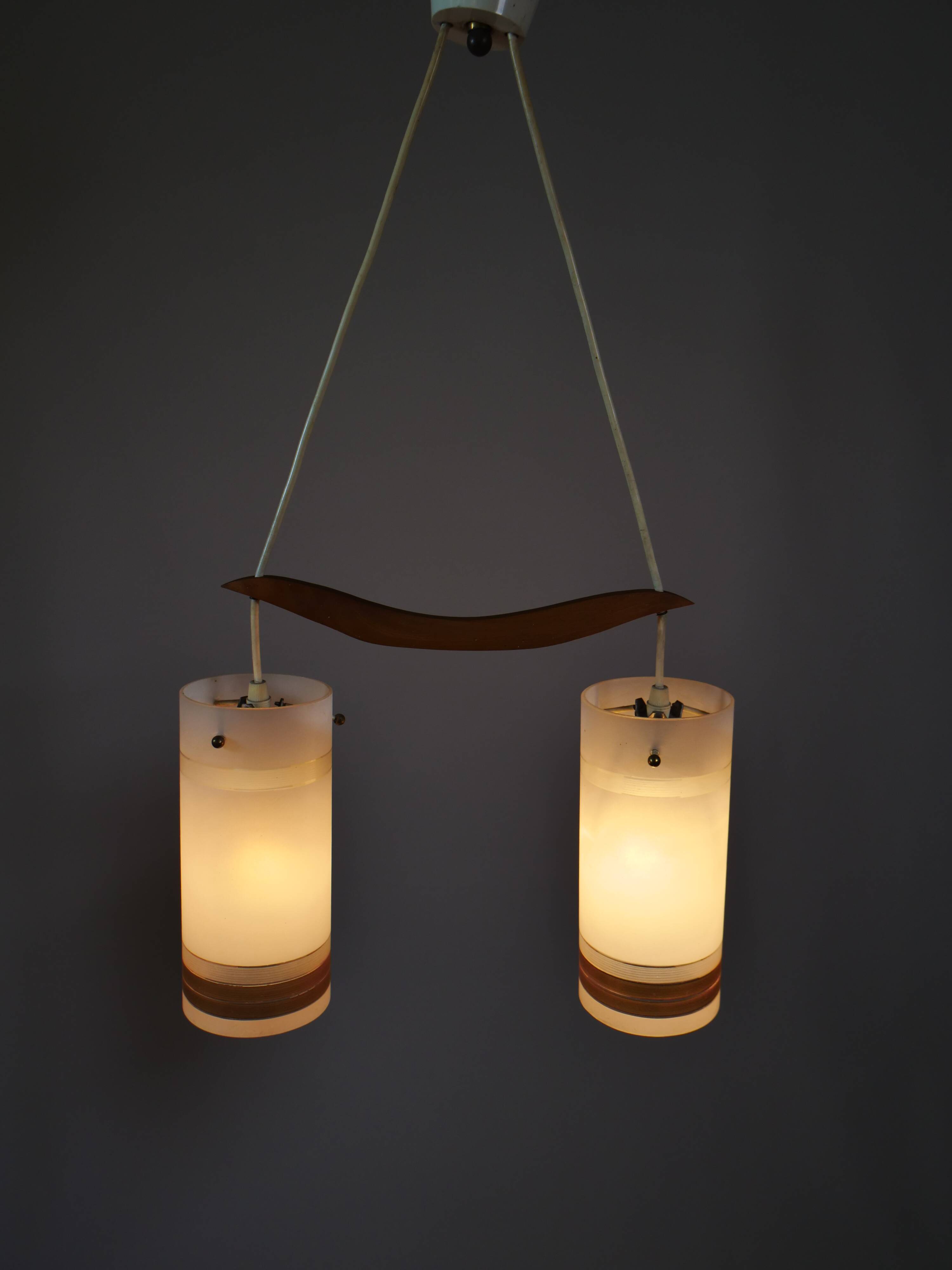 Mid-Century Teak and Opaline Glass Pendant Lamp, 1960s