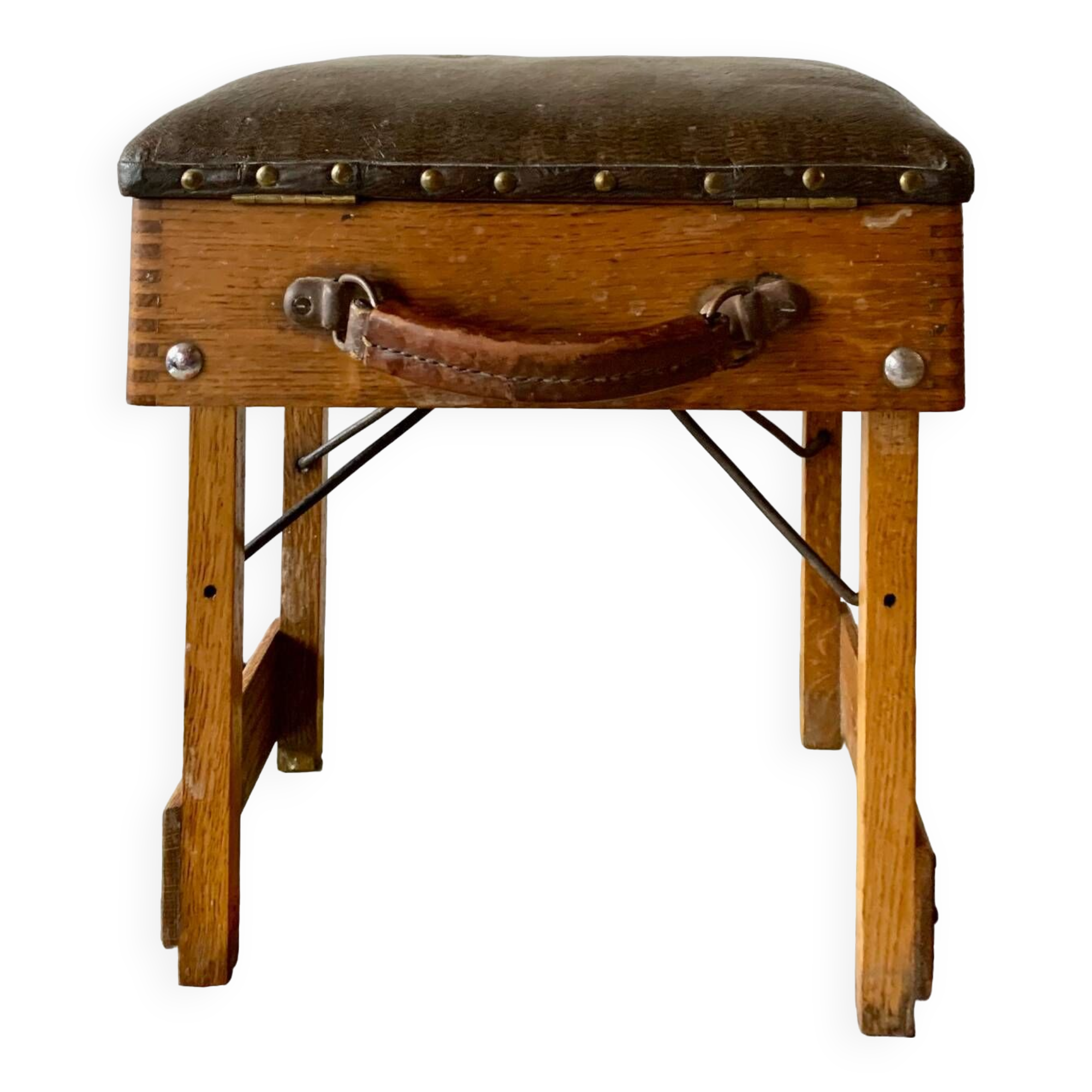 Old foldable fisherman's stool in wood and leather