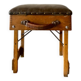 Ancien tabouret de pêcheur pliable en bois et cuir