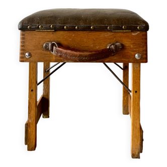 Ancien tabouret de pêcheur pliable en bois et cuir