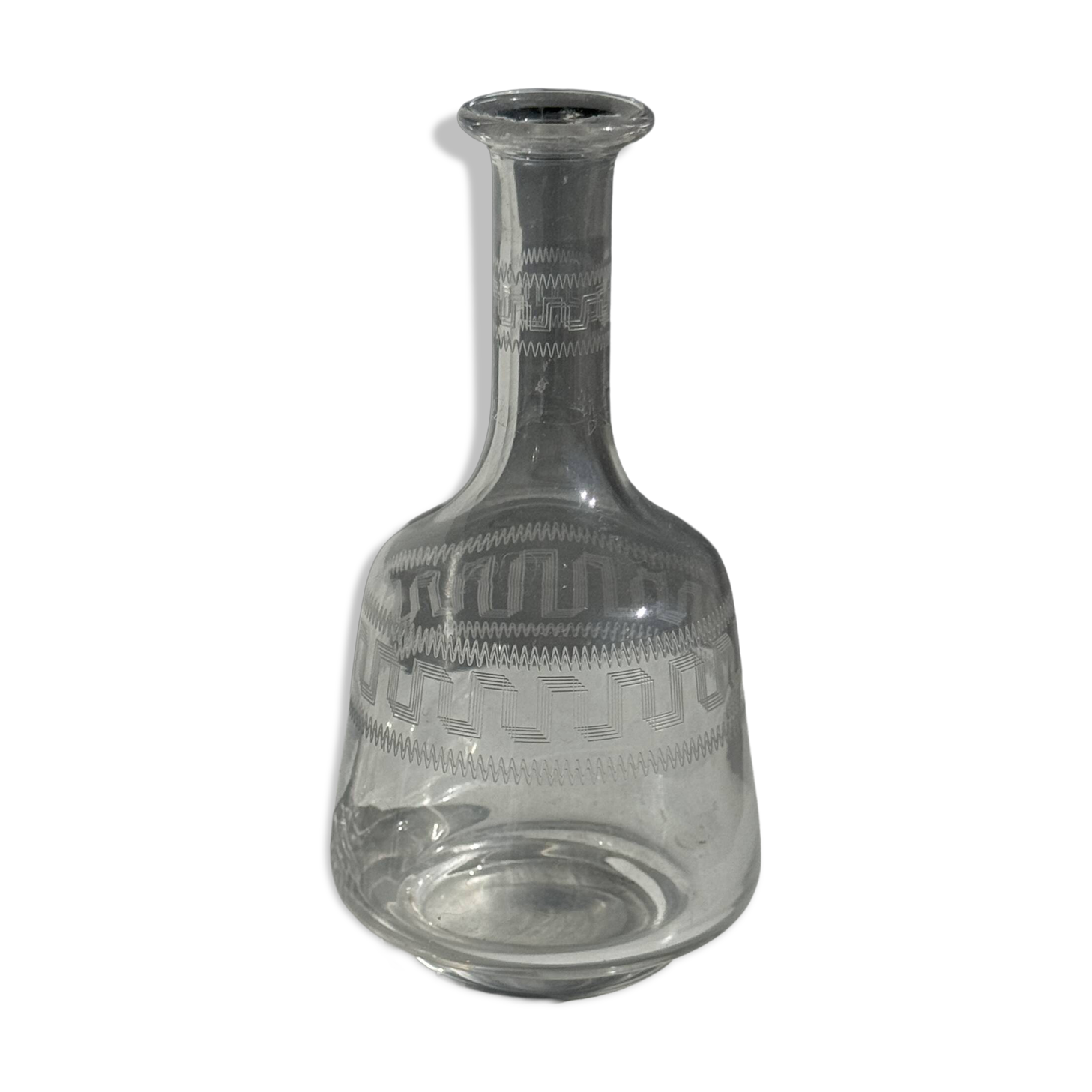 Small glass bottle vase with engraved geometric patterns vintage H16.5