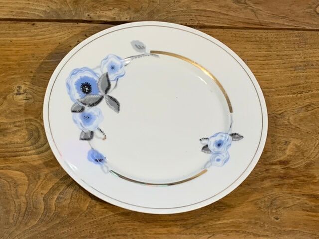 9 white porcelain plates of art deco blue flower limoges