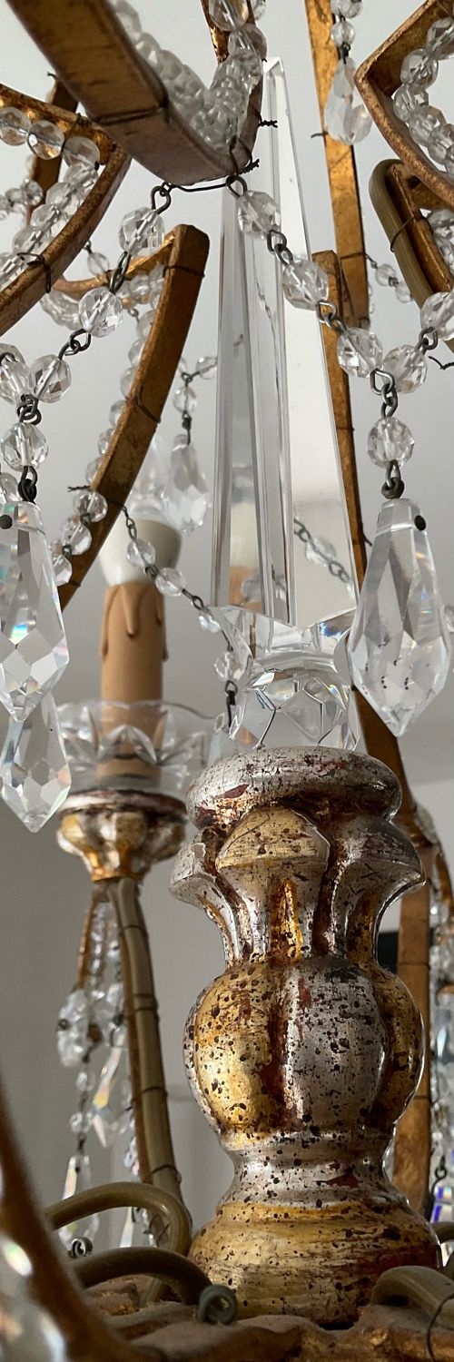 Old Venetian chandelier with Bohemian crystal tassels and gilded wood