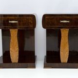 Pair of Art Deco Italian Walnut Briar and Maple Bedside Tables, 1920s