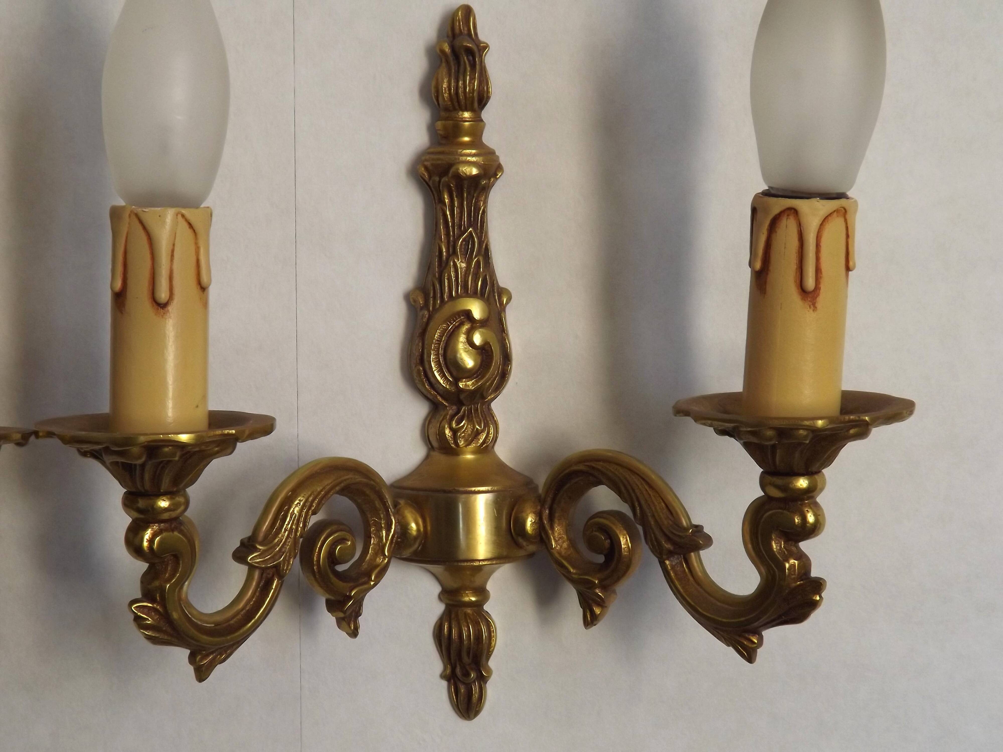 Pair of French Traditional Style Bronze Mid Century Double Wall Lights