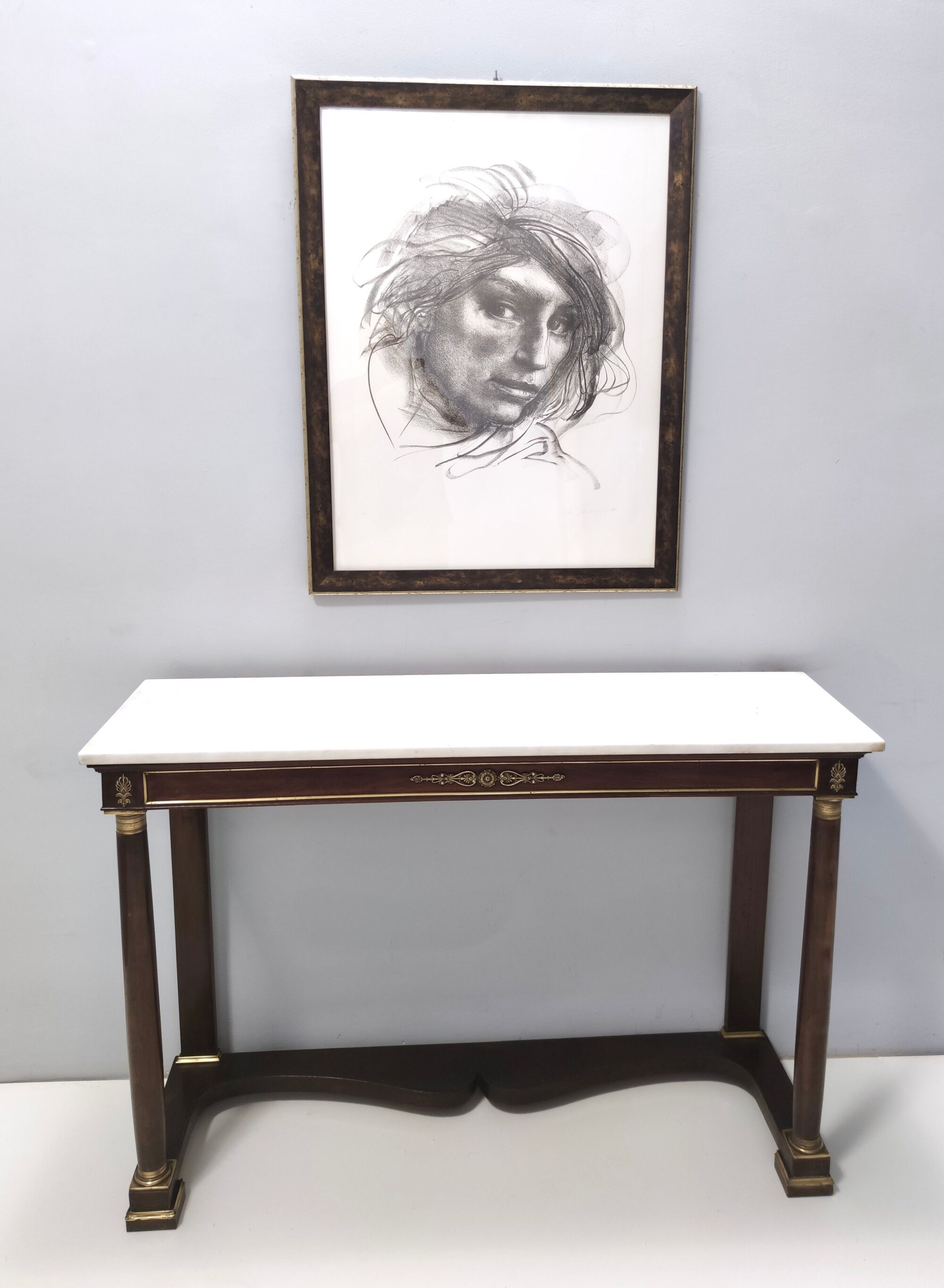 Neoclassical Style Walnut Console with a Rectangular Carrara Marble Top, Italy