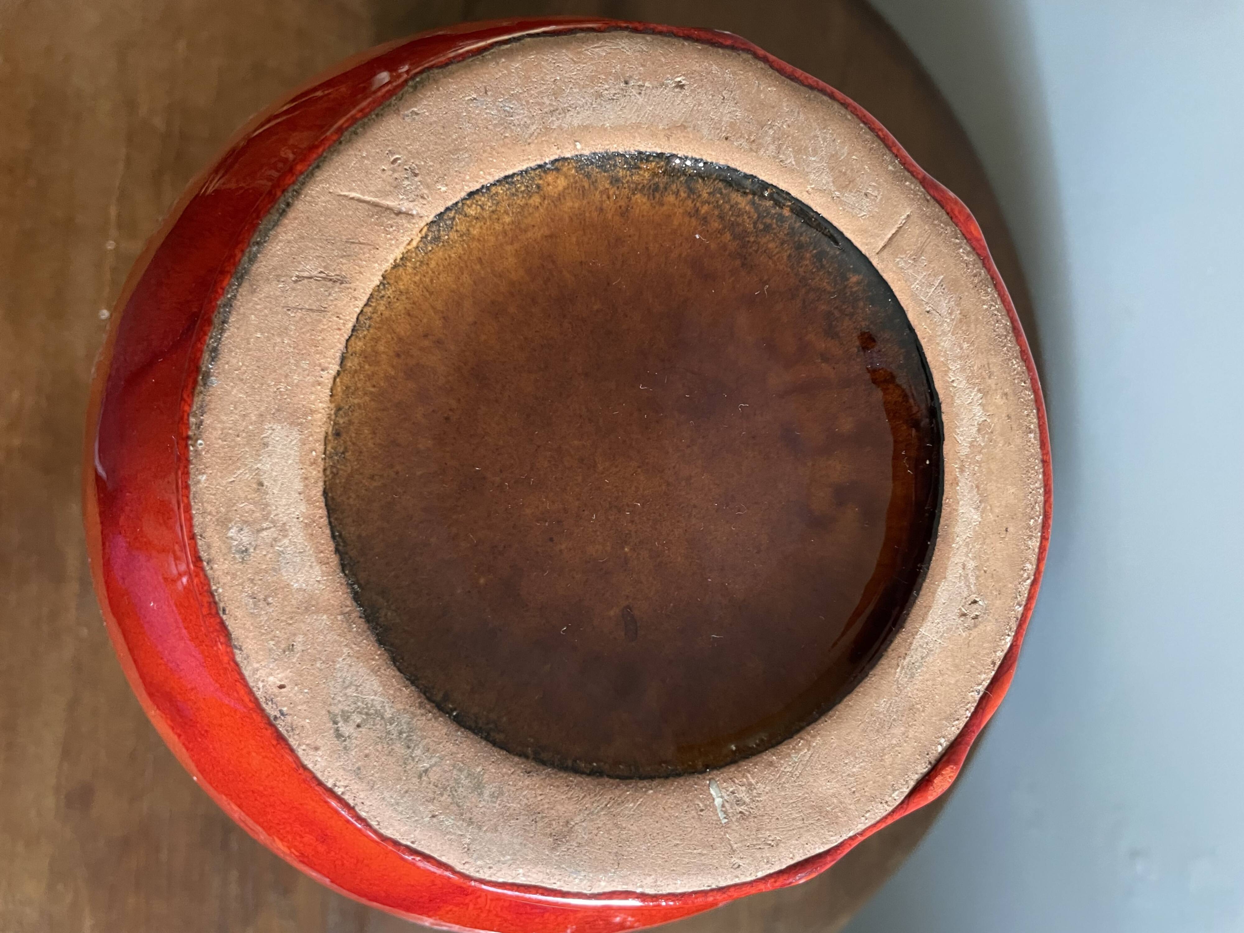 Bay Keramik red, brown and white fat lava handled vase West Germany
