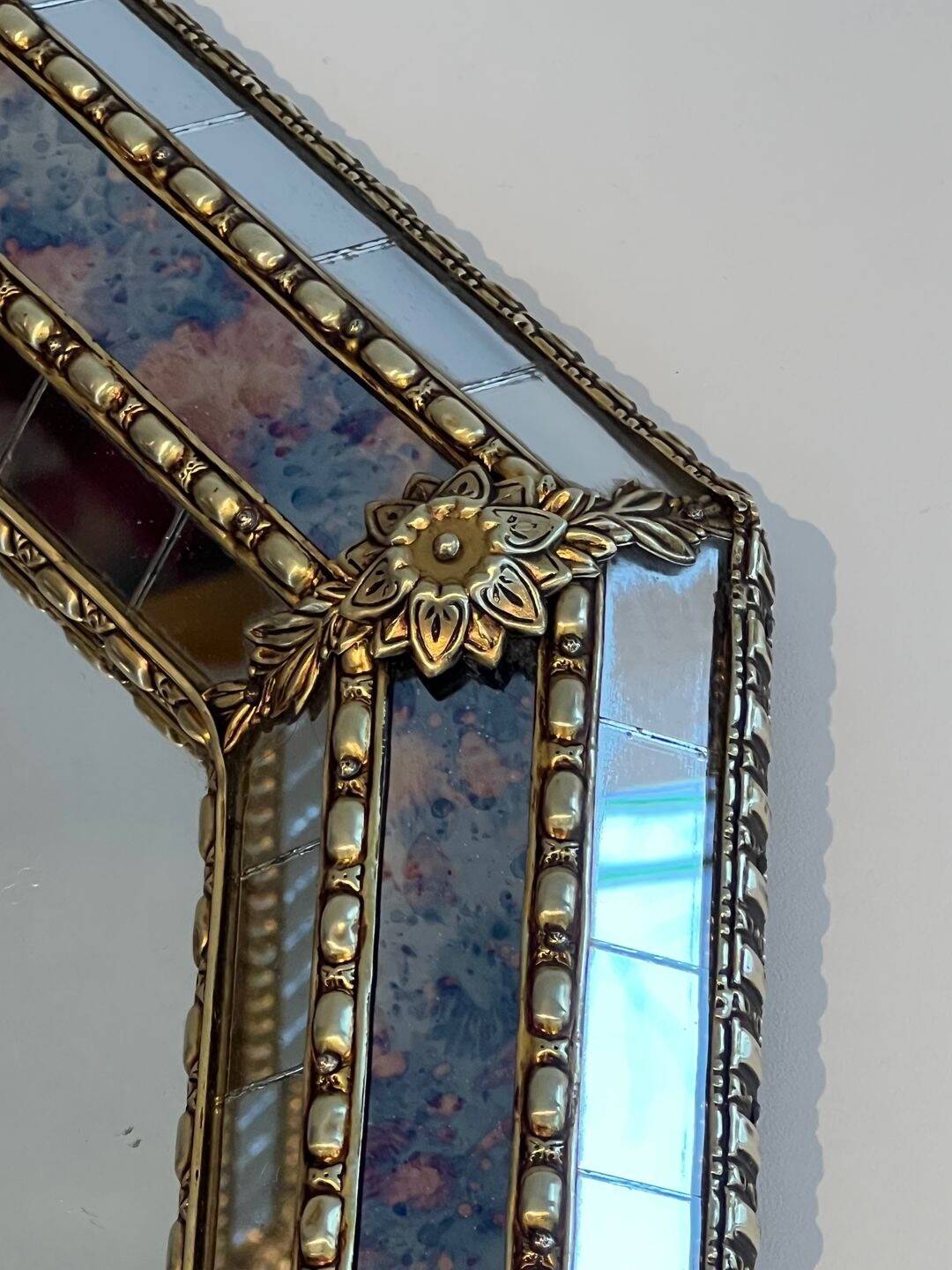 Octagonal Faceted Mirror with Brass Garlands — French Work, Glass