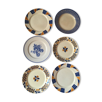 Six dinner plates don't match in Brown and blue