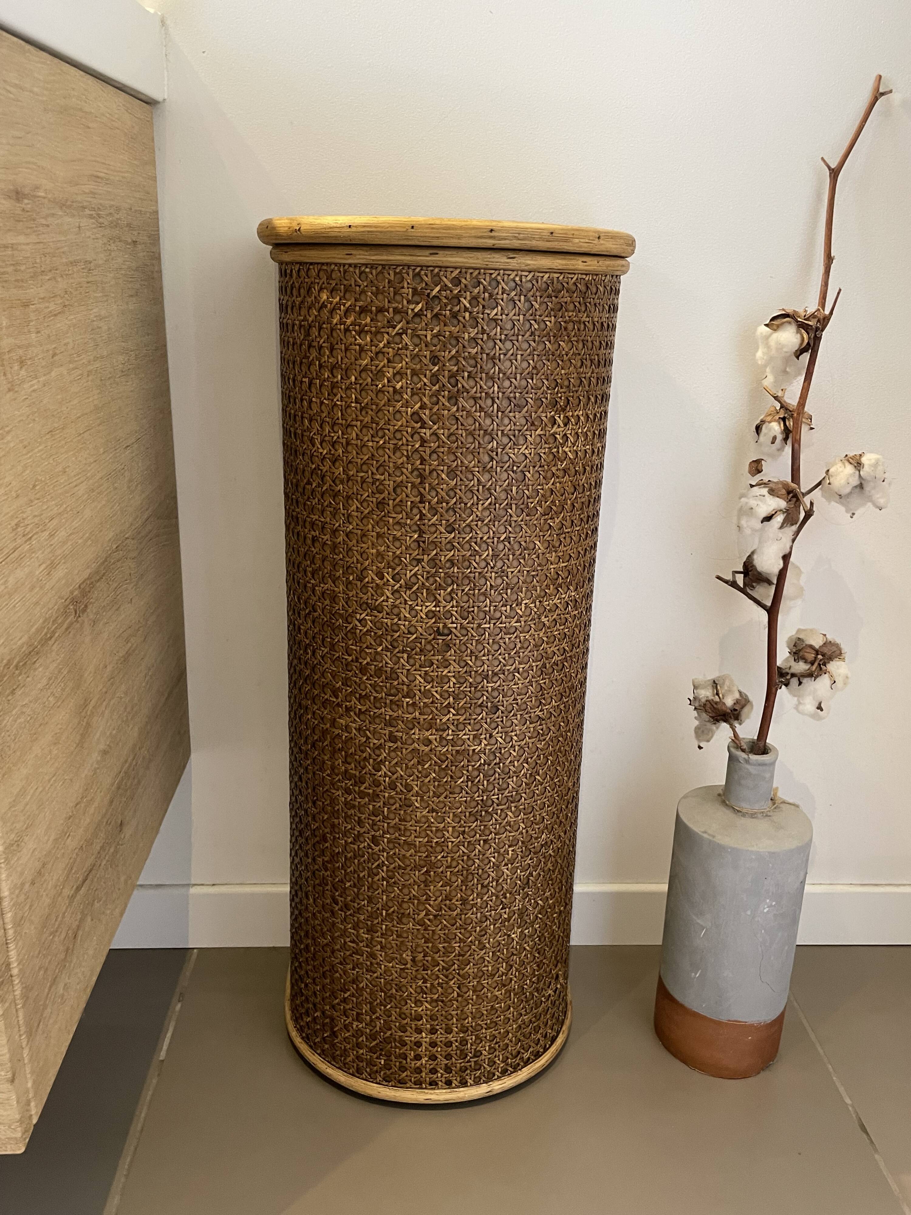 Wooden and cane storage basket with lid