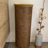 Wooden and cane storage basket with lid