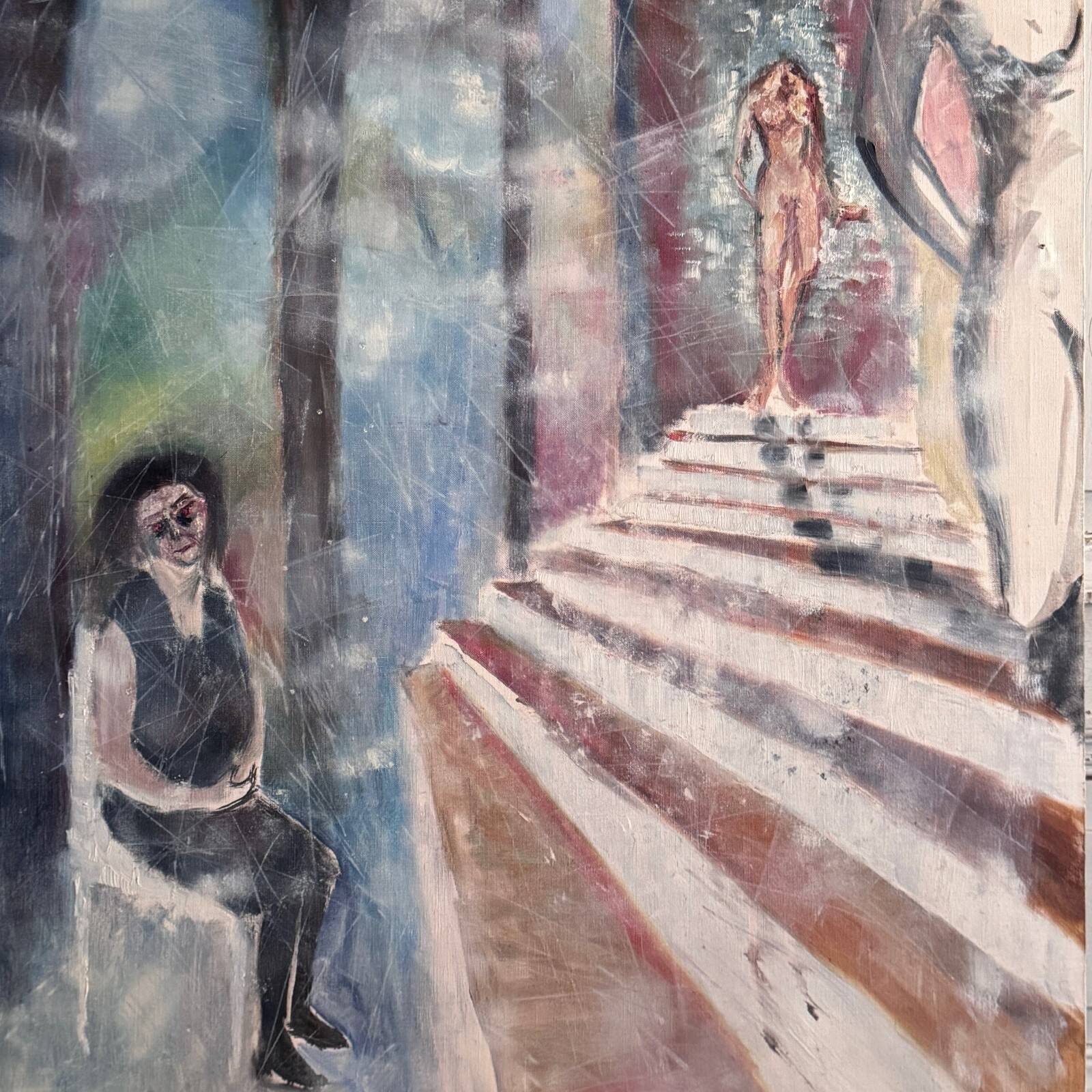 Oil on canvas by Véronique Maude Fini, woman descending a staircase.