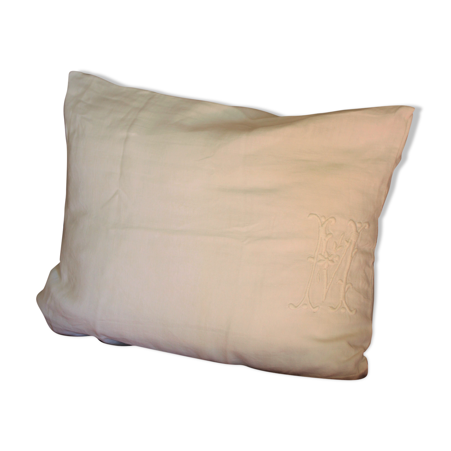 Old white linen cushion monogram
