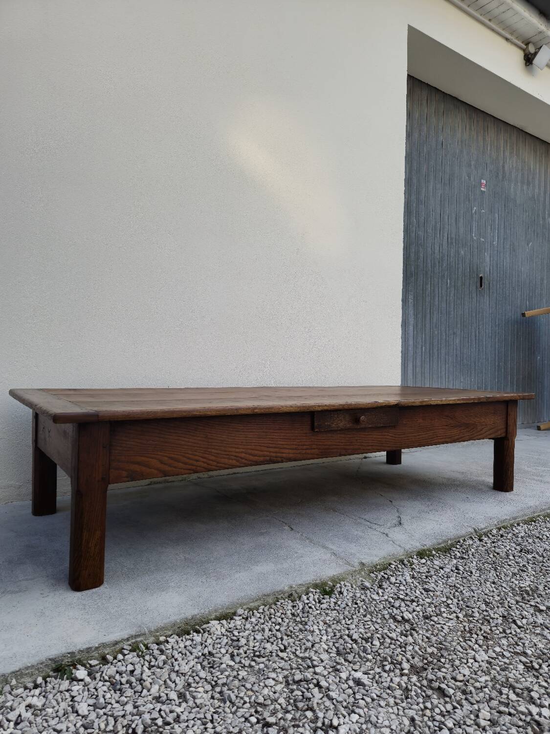 Rustic farmhouse coffee table with two drawers, solid oak, 19th century - 1.97m