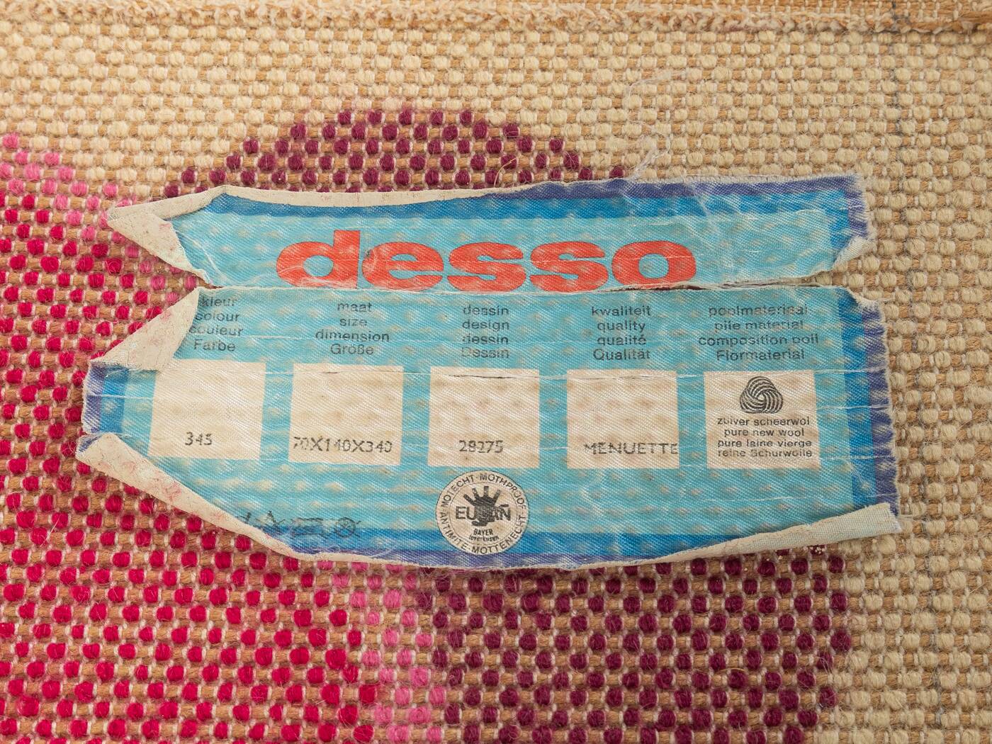 Rare Space Age carpet by Desso, 1970s, wool, berry tones, 340x70cm