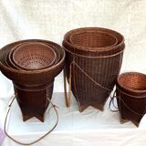 Set of four wicker baskets, rattan nesting ethnic style