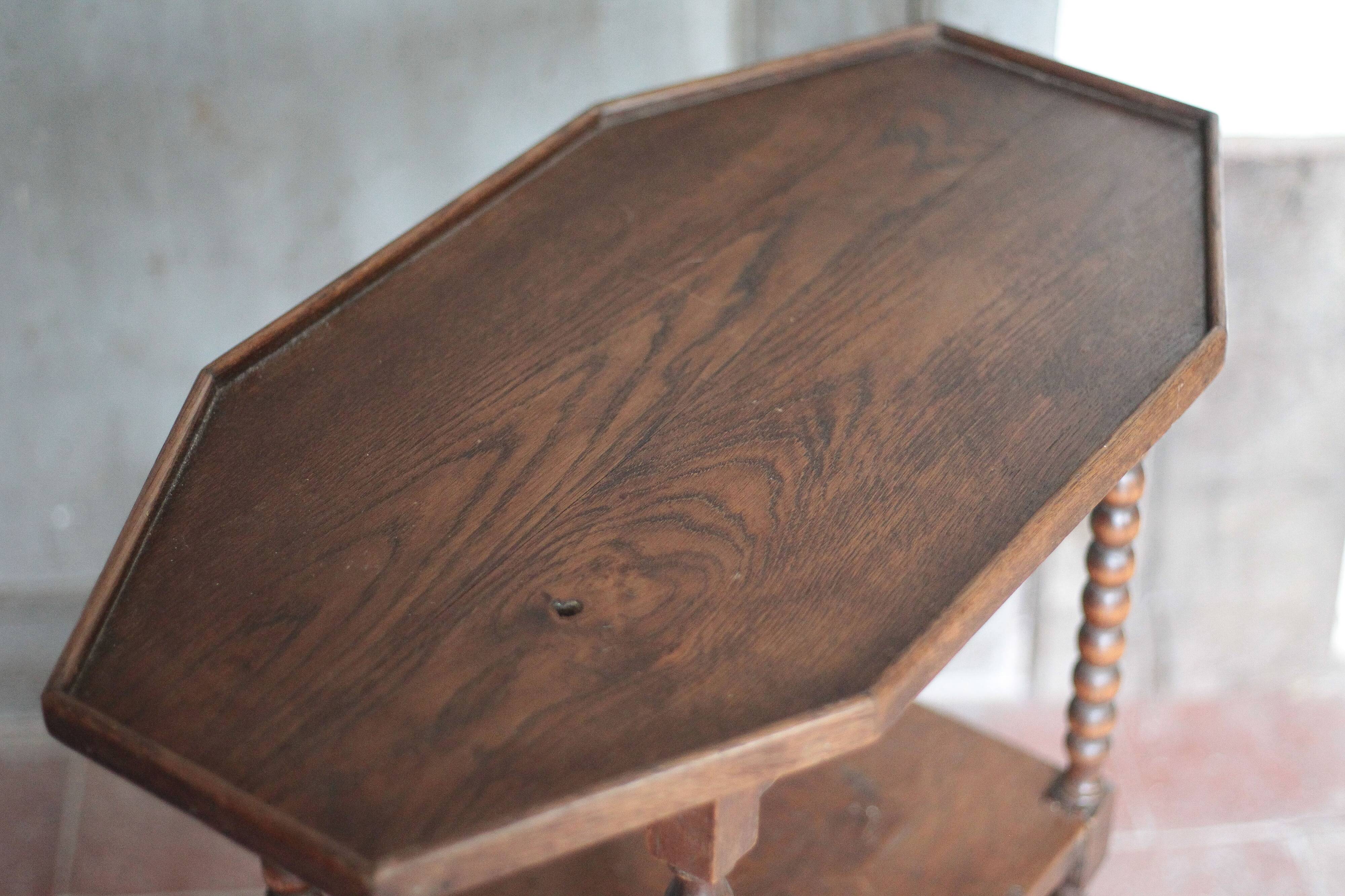 Vintage turned wood dessert trolley, wheeled table with removable top.