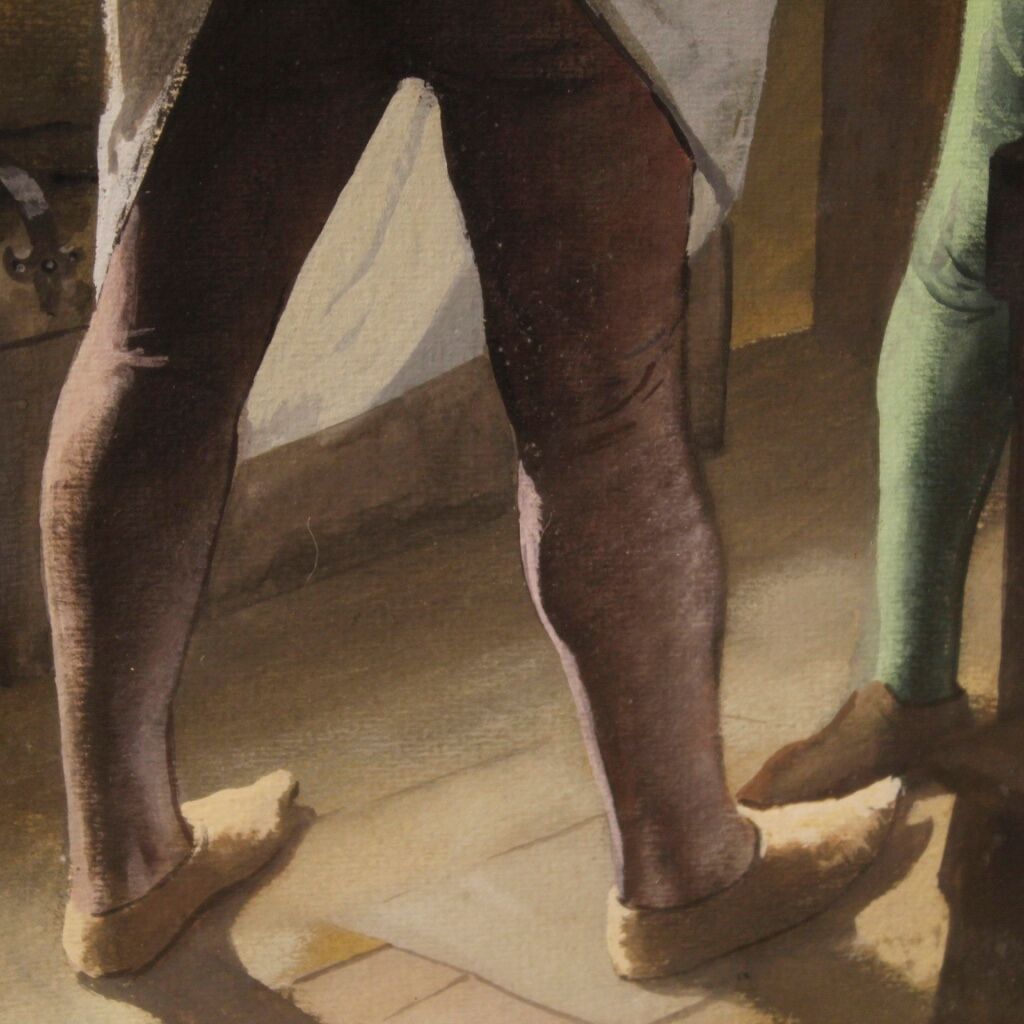 Italian painting interior scene with characters from XXth century