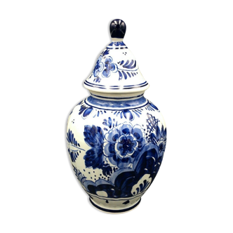 Covered pot faïence delft floral decoration signed top 15.5 cm