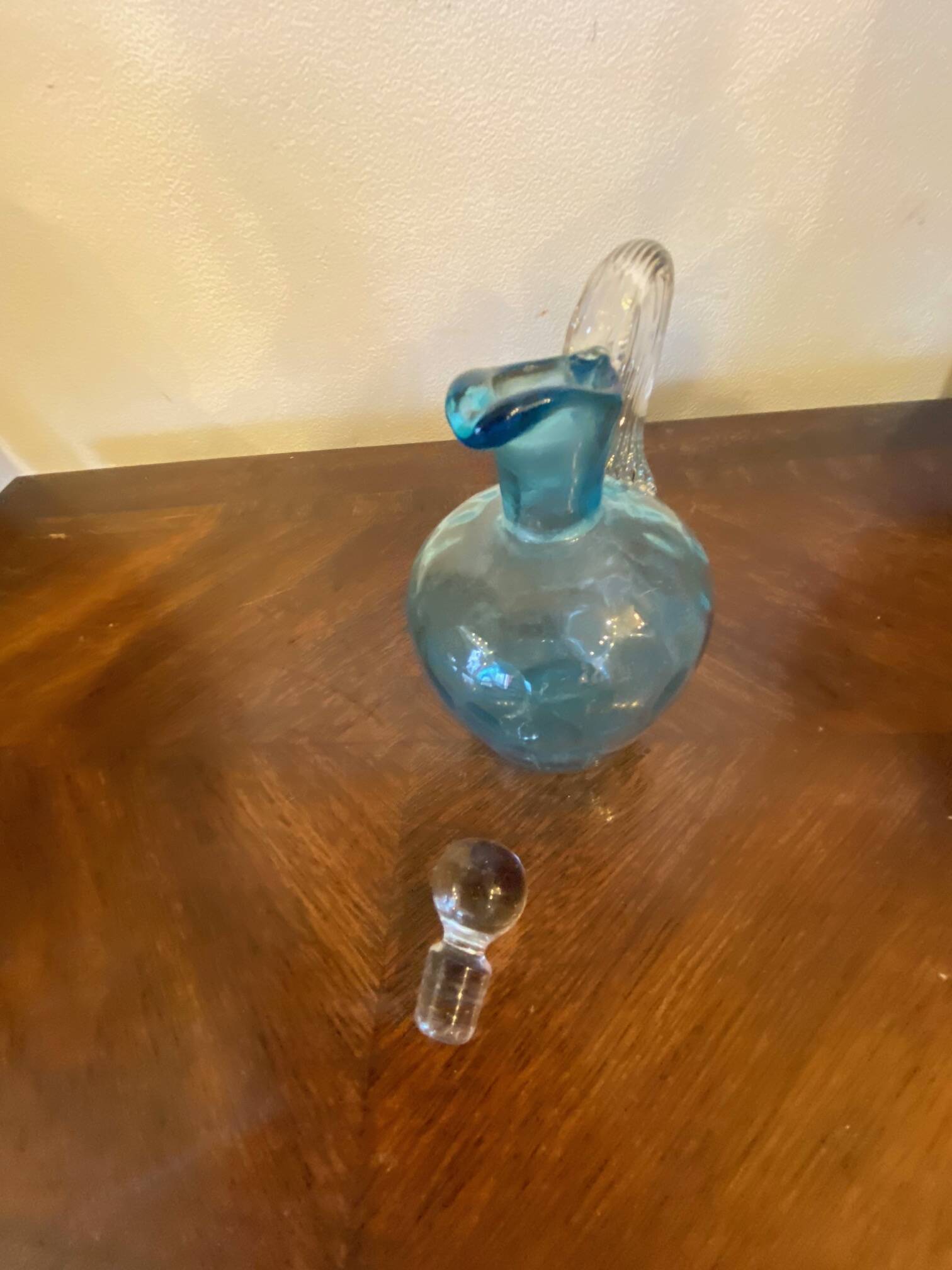 Night carafe in blue tones waffle glass with cabochon early 20th century