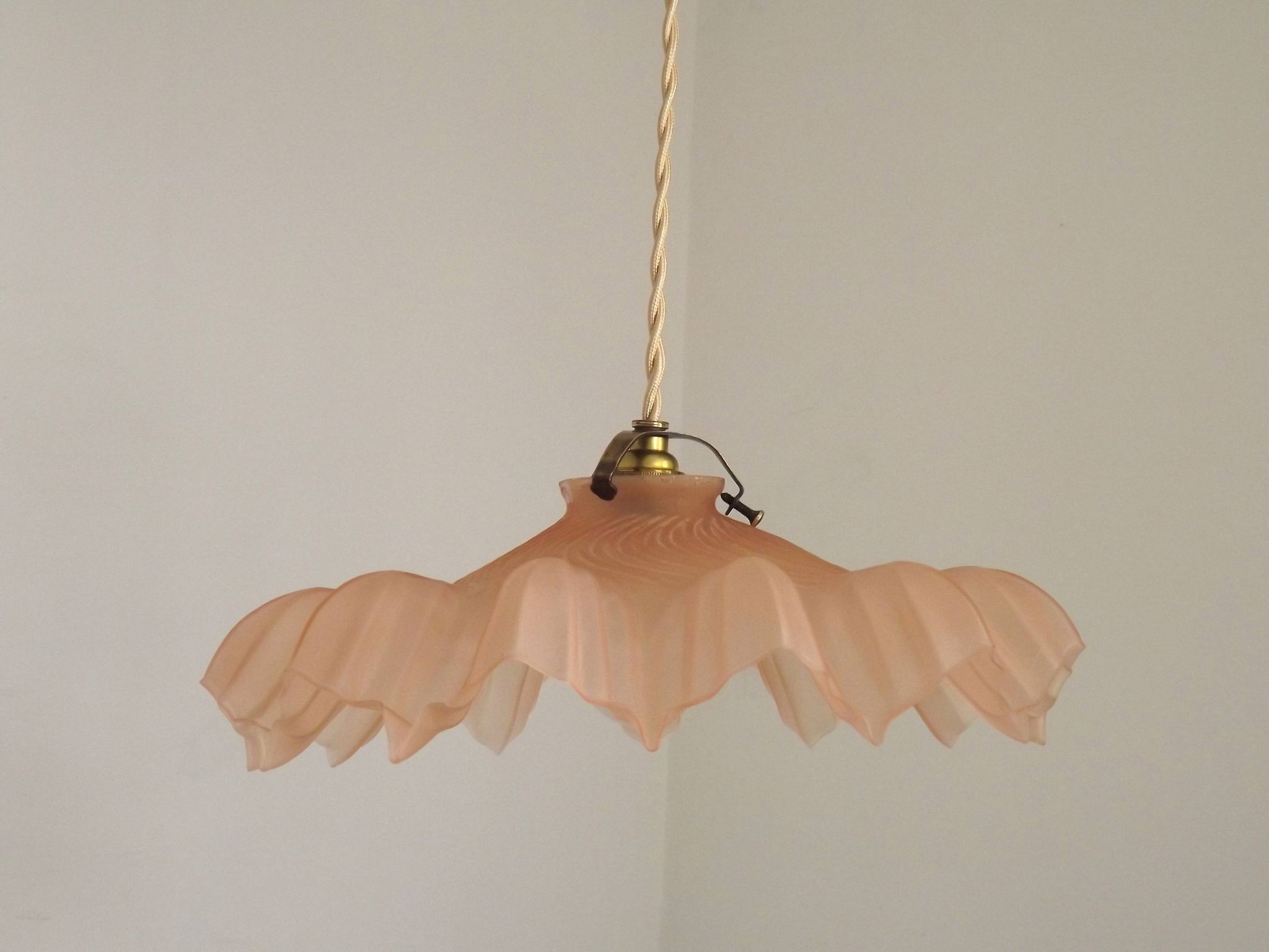 French Vintage 1930s Pink Frilled Glass Shade Hanging Light Brass Fittings