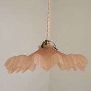 French Vintage 1930s Pink Frilled Glass Shade Hanging Light Brass Fittings